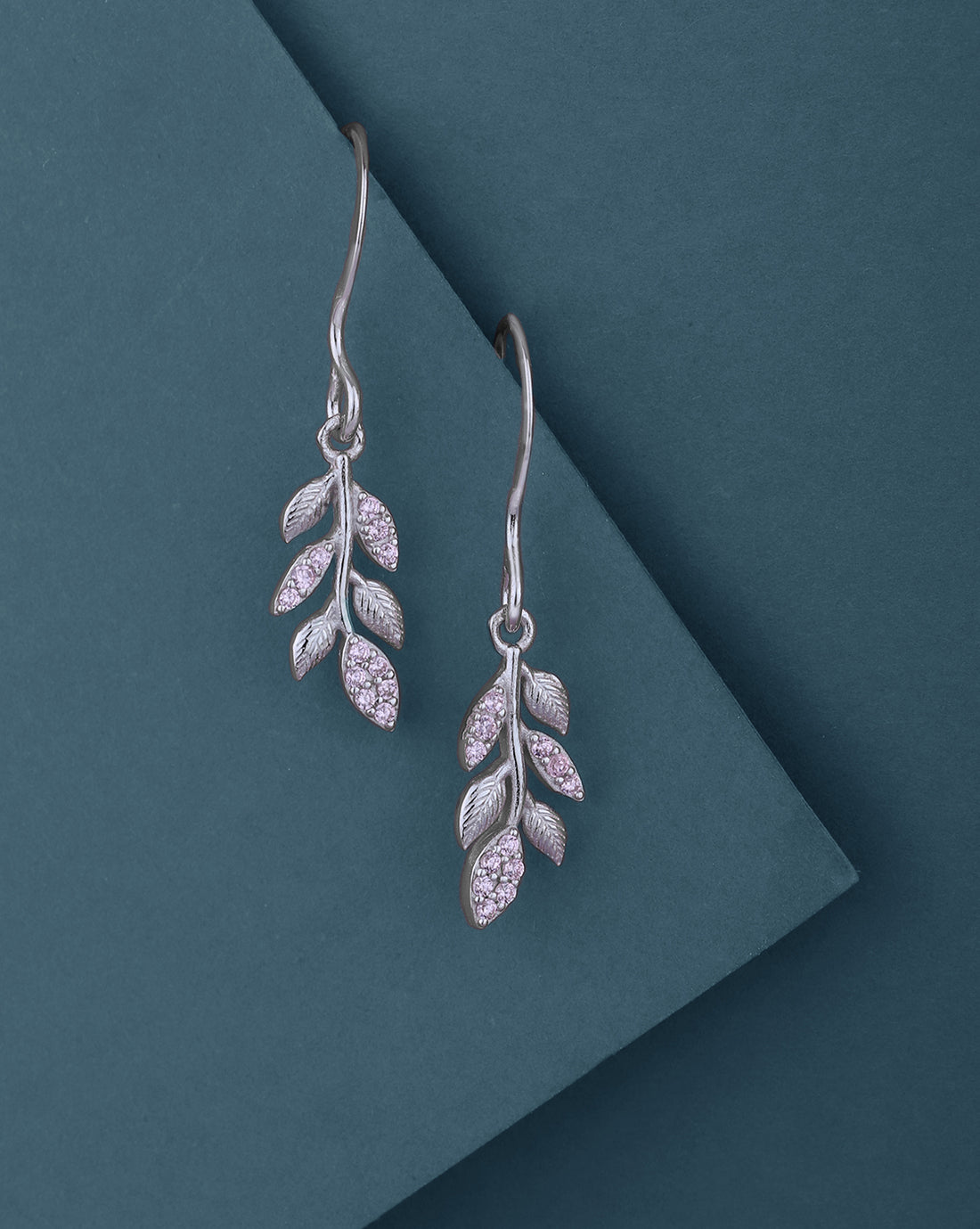 Rhodium Plated with CZ Leaf Fancy Drop Earring for women