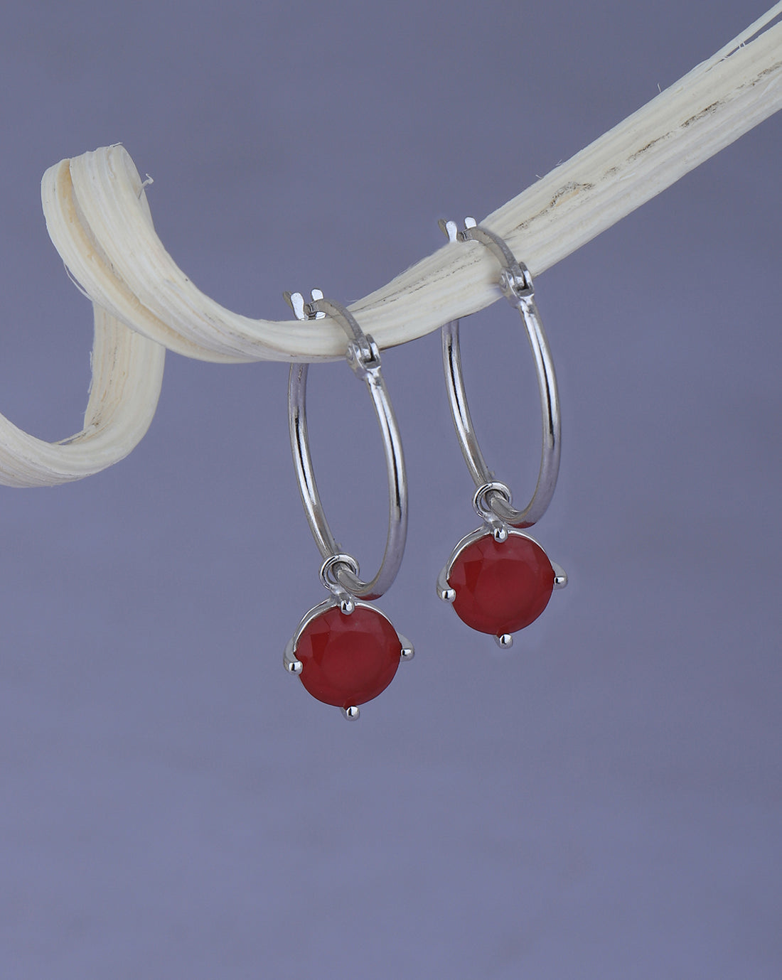 Rhodium Plated with Red Ruby Hoop Earring for women