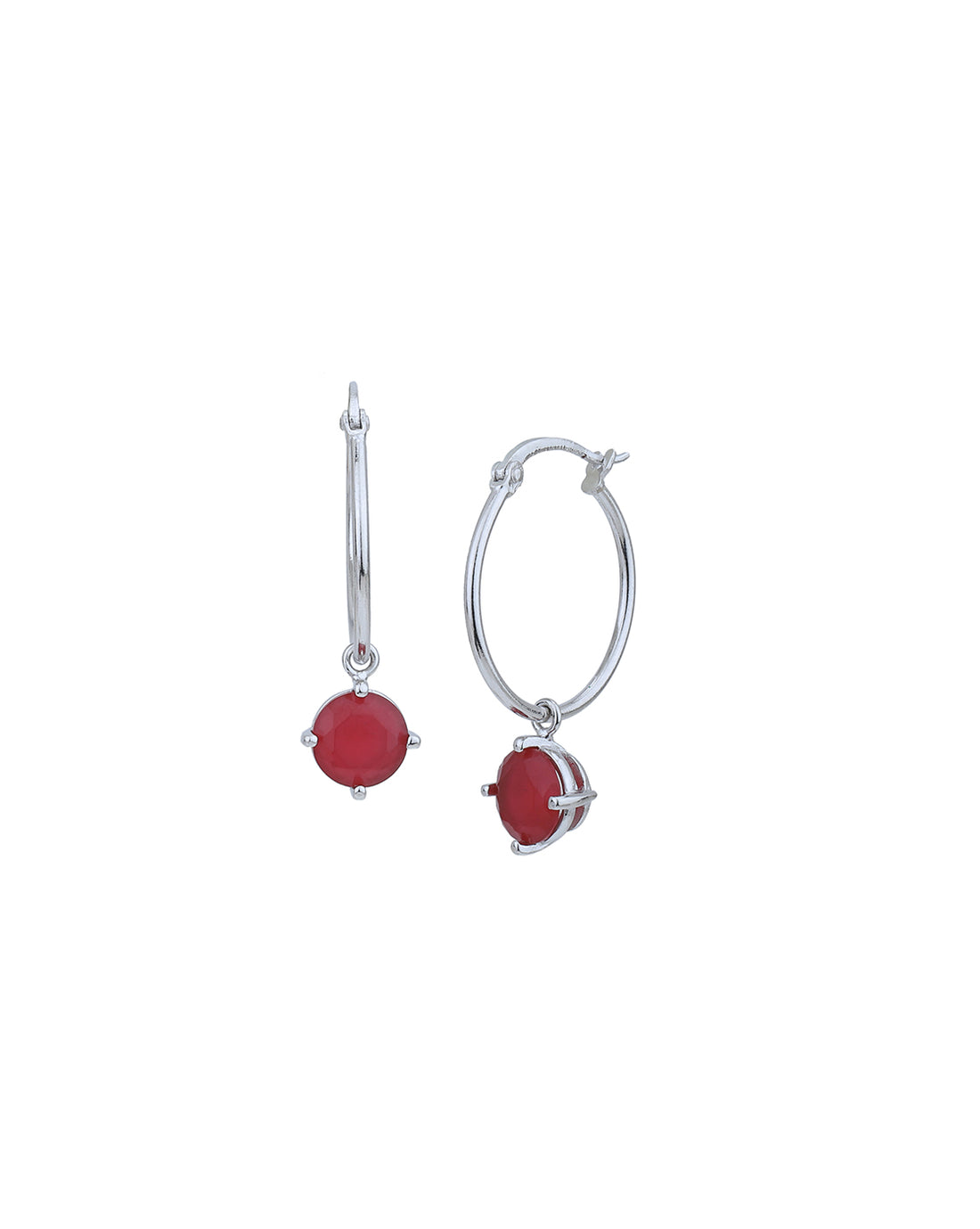 Rhodium Plated with Red Ruby Hoop Earring for women