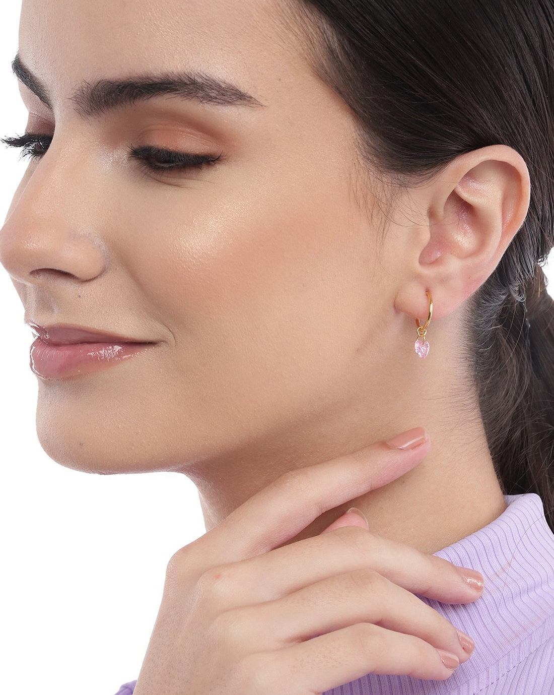 18kt Gold Plated with Dangling CZ Heart Half Hoop Earring for women