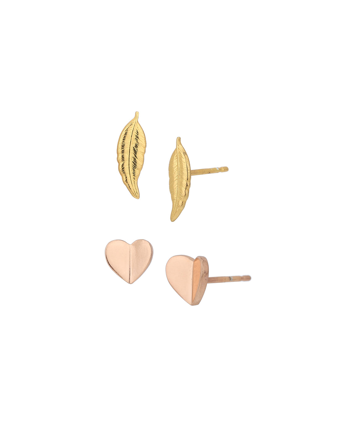 Set of 2 -18kt Gold &amp; Rose Gold Plated Leaf and Heart Stud Earring for women
