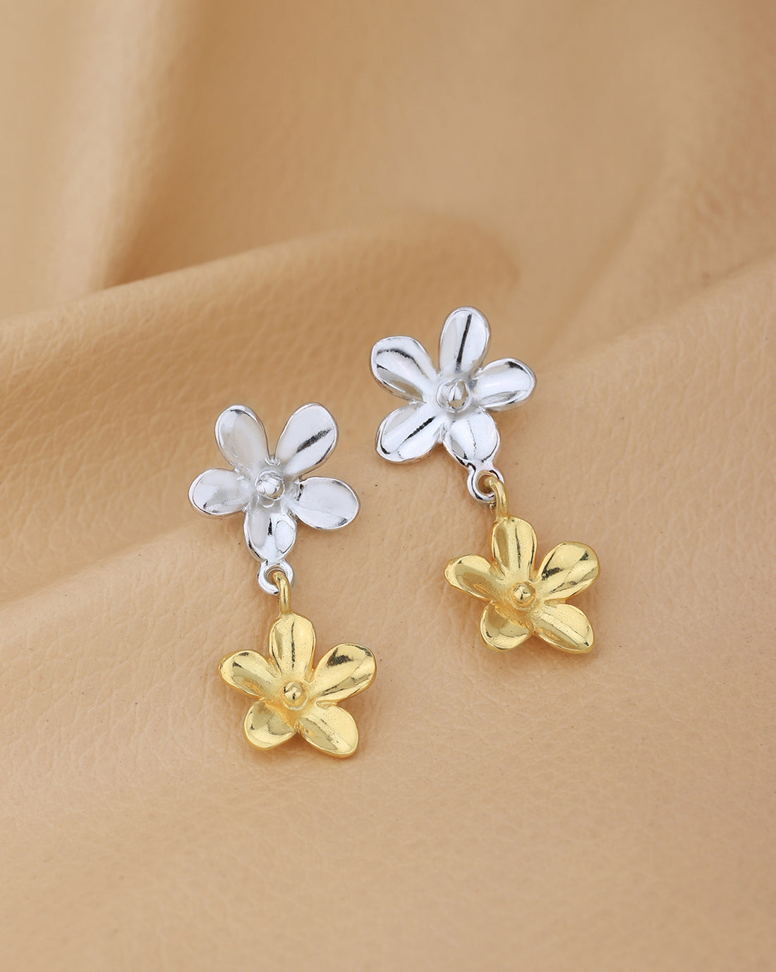 18kt Gold & Rhodium Plated Double Floral Drop Earring