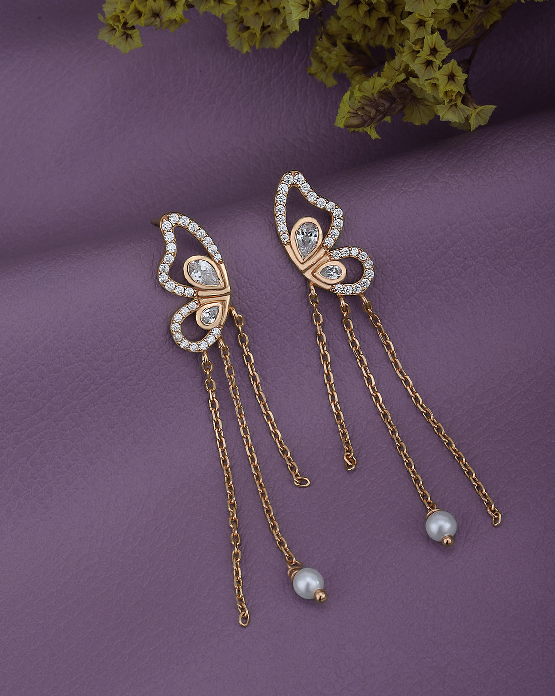 18kt Rose Gold Plated with CZ Butterfly Drop Earring