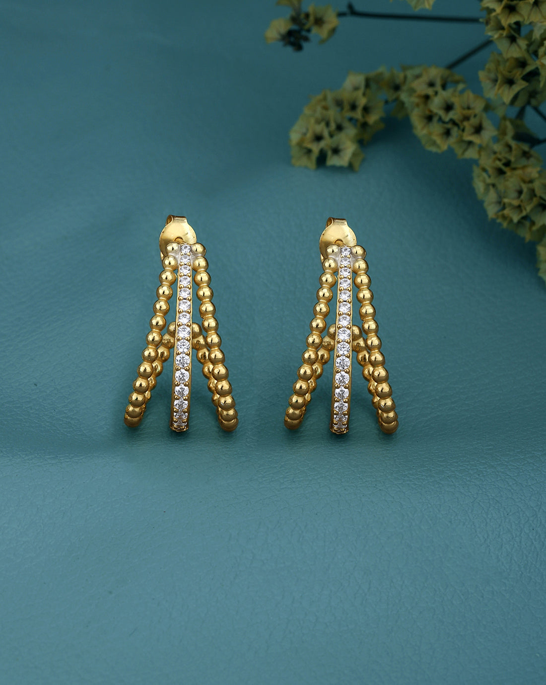 18kt Gold Plated with CZ Contemporary Half Hoop Earring