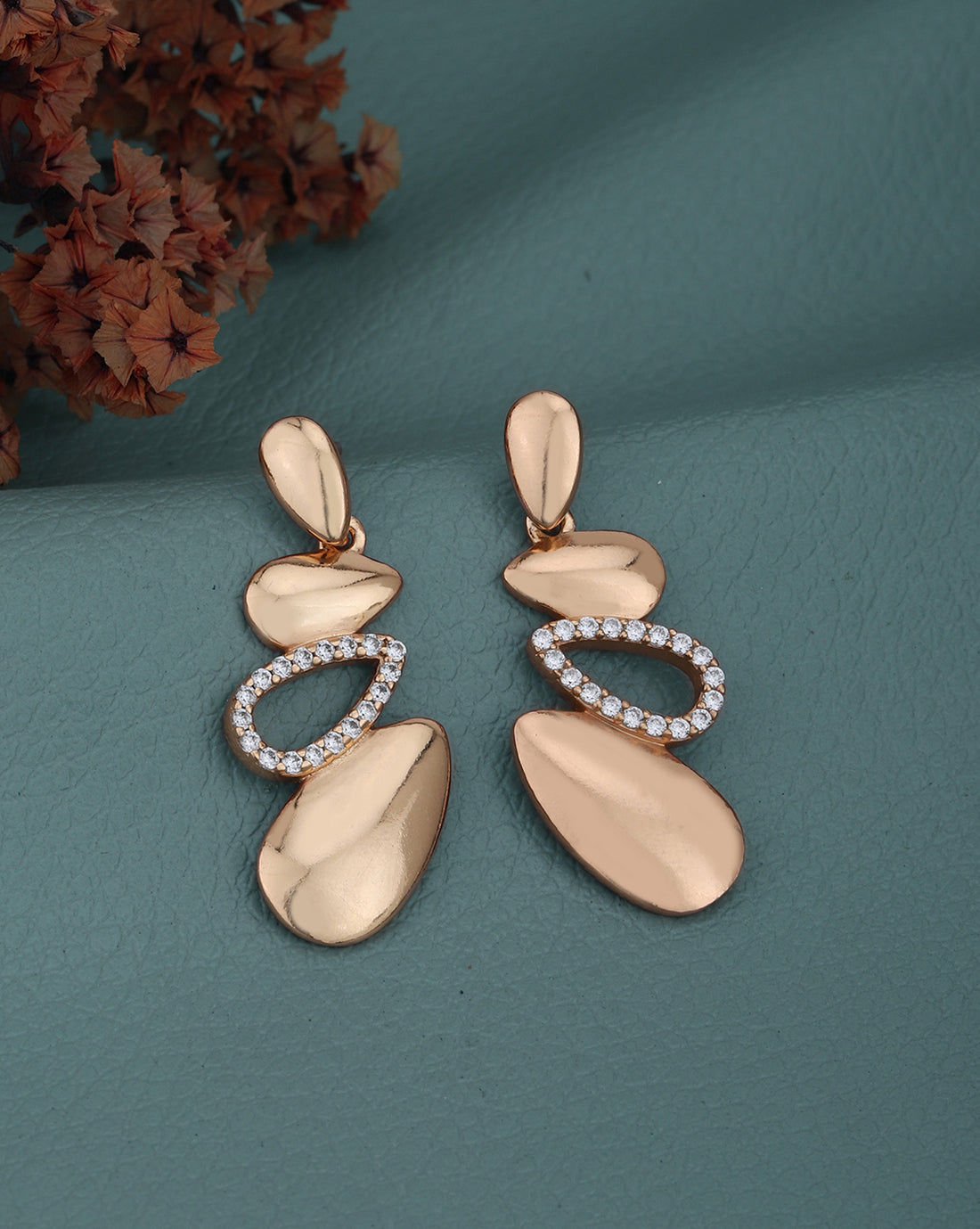 18kt Rose Gold Plated with CZ Contemporary Drop Earring