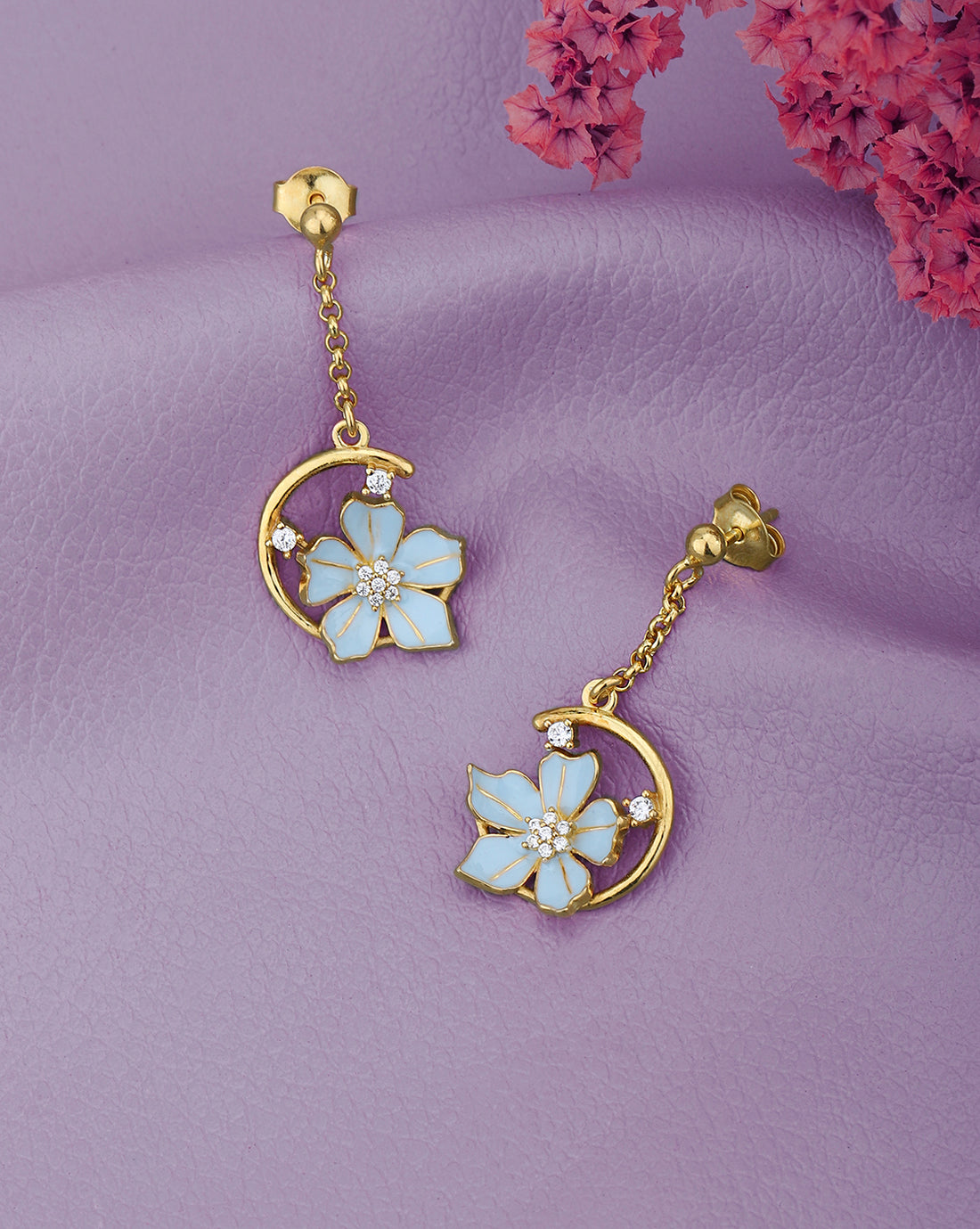 18kt Gold Plated with CZ and Enamel Floral Drop Earring