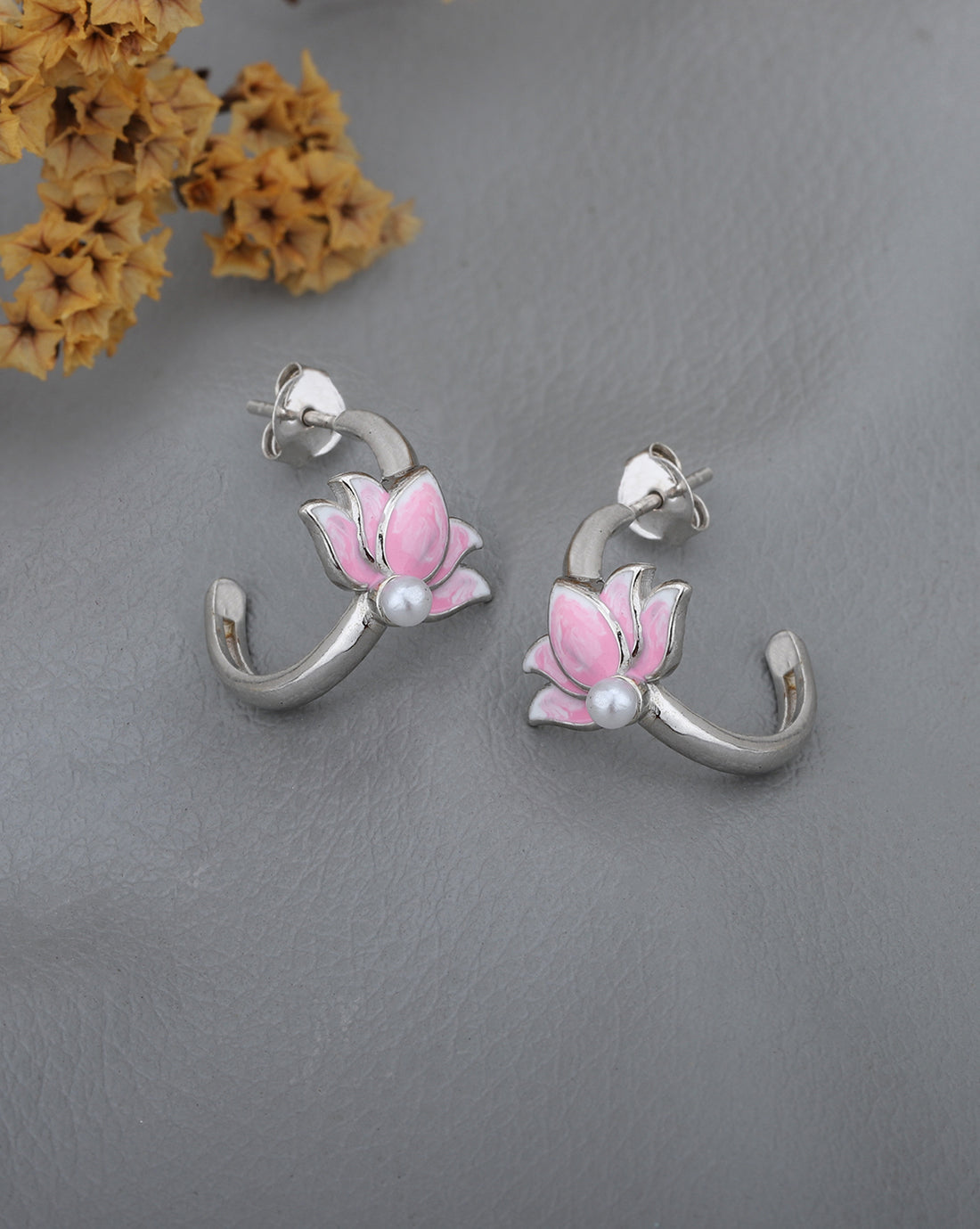 Rhodium Plated Enamel Floral Half Hoop Earring