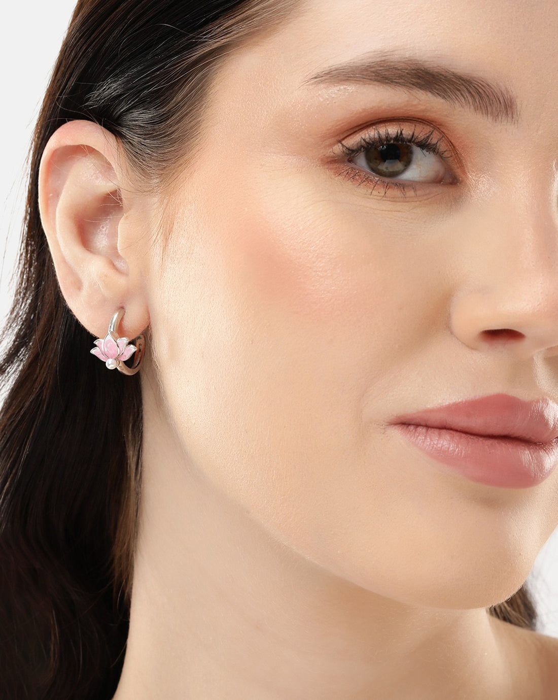 Rhodium Plated Enamel Floral Half Hoop Earring