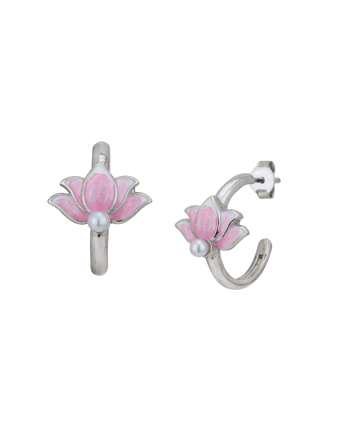 Rhodium Plated Enamel Floral Half Hoop Earring