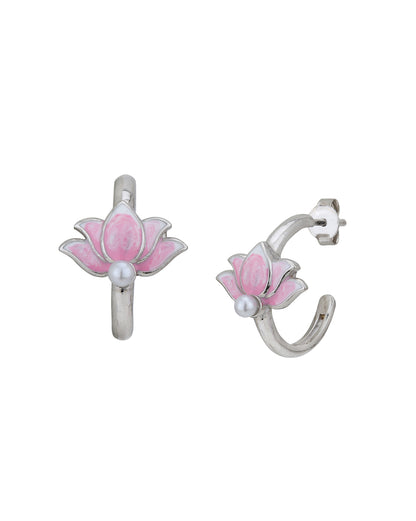 Rhodium Plated Enamel Floral Half Hoop Earring
