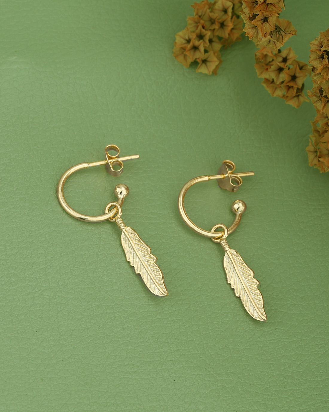 18kt Gold Plated with Dangling Leaf Half Hoop Earring