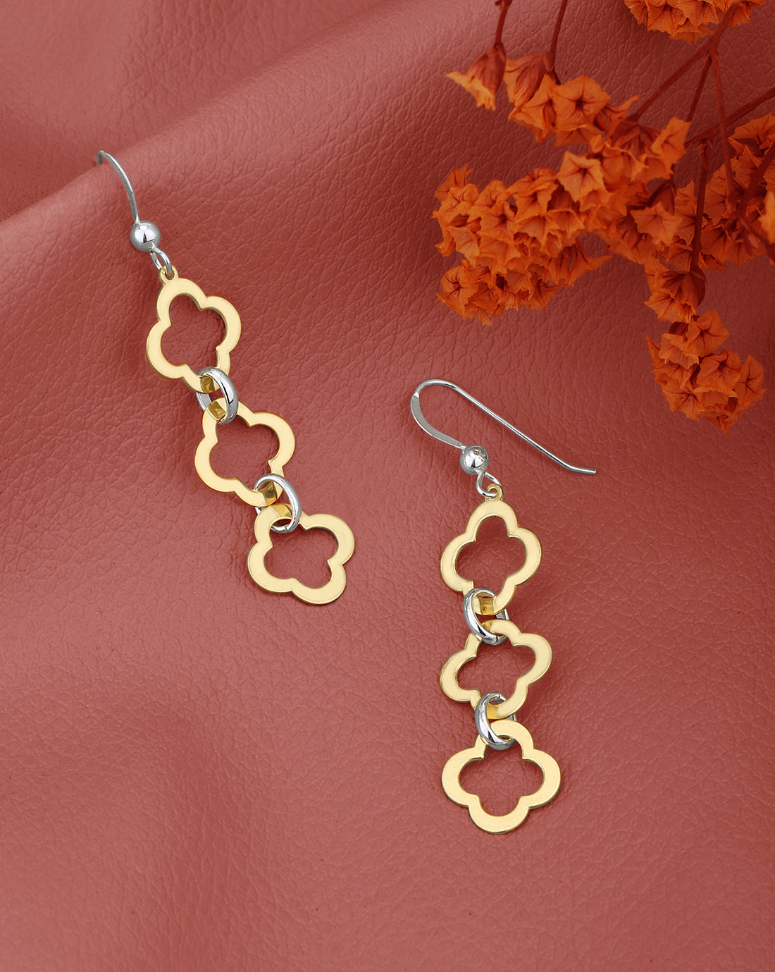 18kt Gold and Rhodium Plated Four Clover Drop Earring