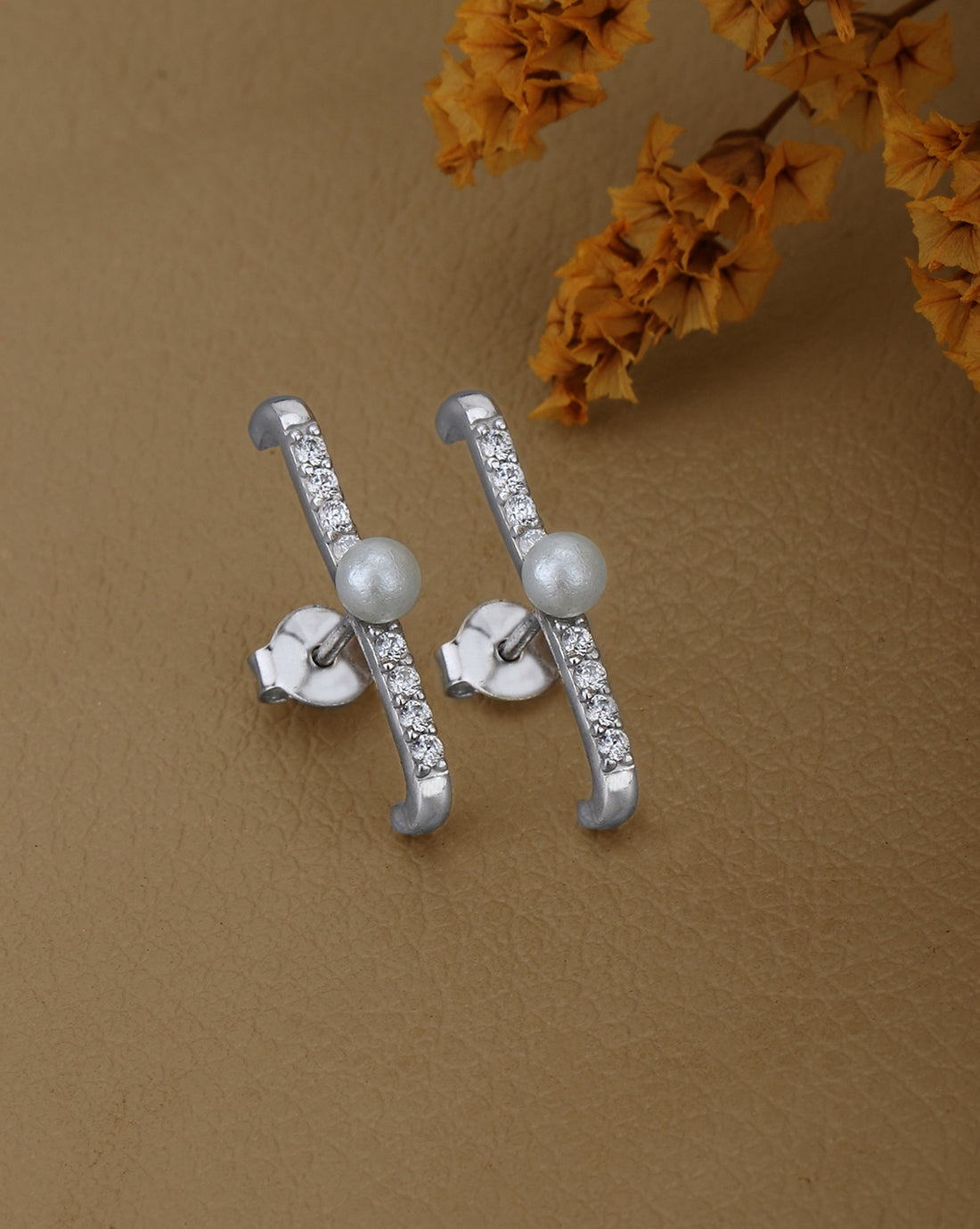 Rhodium Plated CZ and Pearl  Ear Jacket Earring