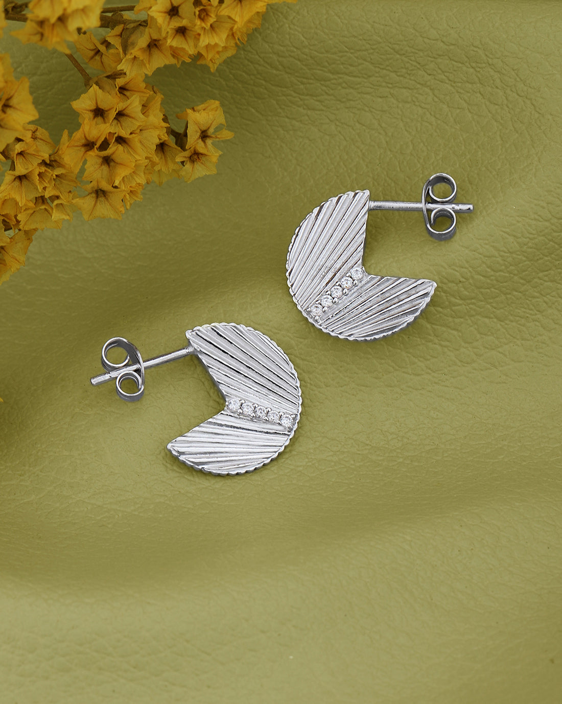 Rhodium Plated with CZ Contemporary Stud Earring