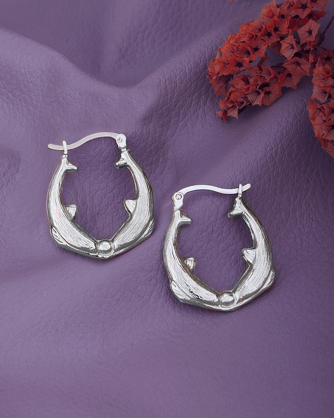 Rhodium Plated Twin Dolphin Hoop Earring
