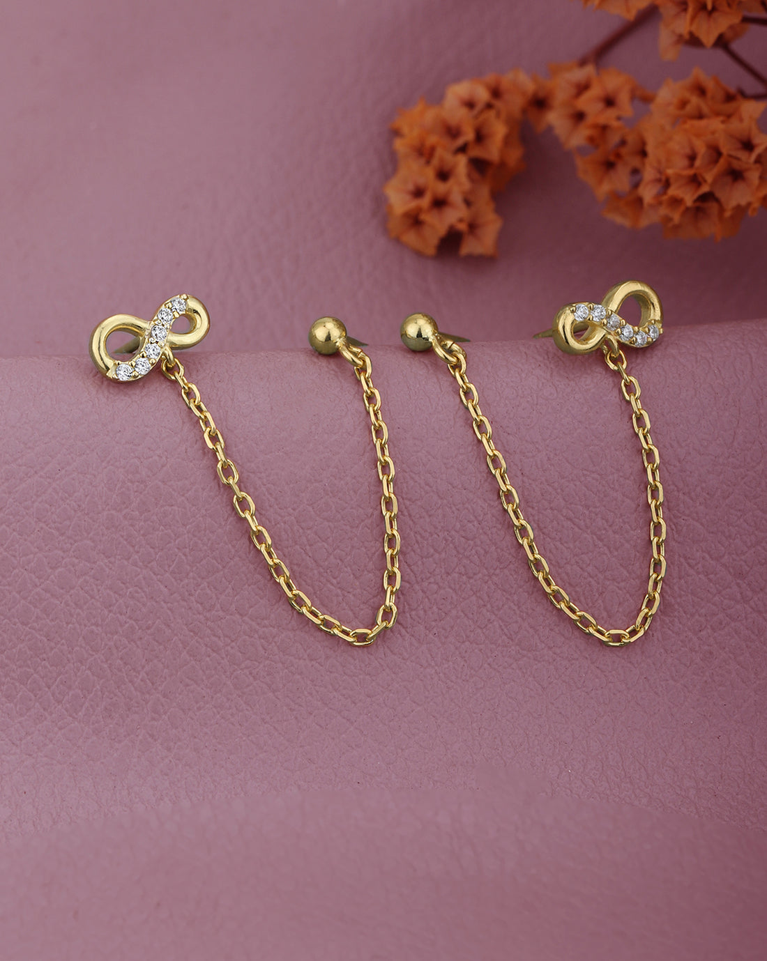 18kt Gold Plated and CZ Infinity Stud with Chain Earring