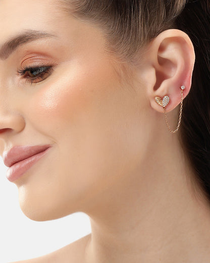 18kt Rose Gold Plated and CZ Double Stud with Chain Earring