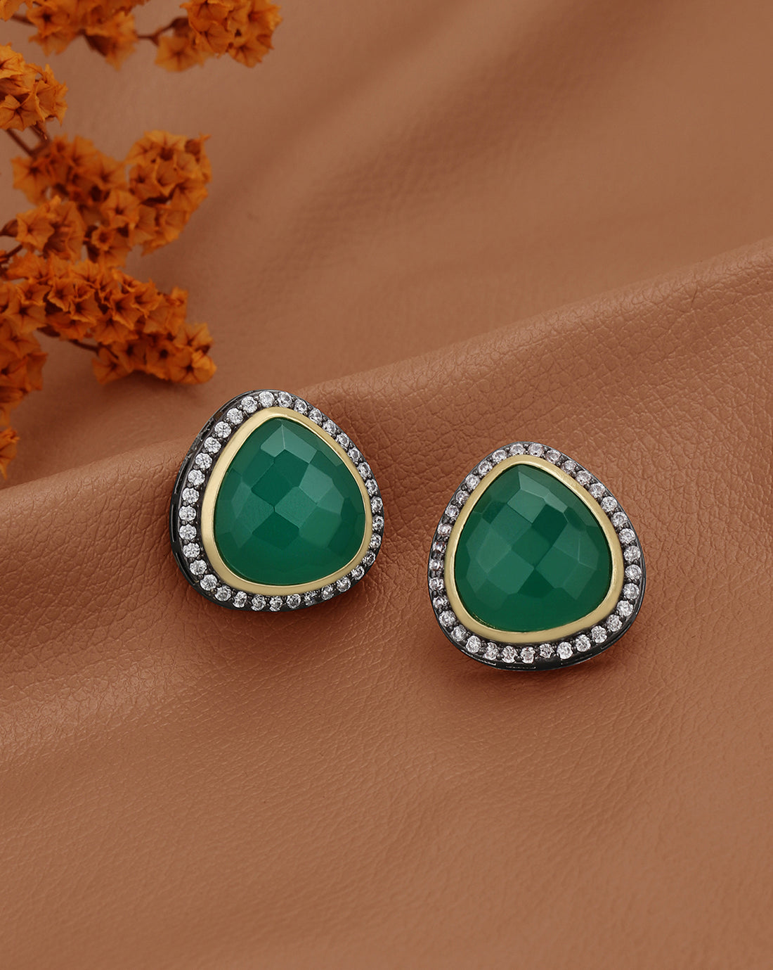 Gold Plated with CZ &amp; Mint Green Onyx Stone Oxidised Bold Stud Earring