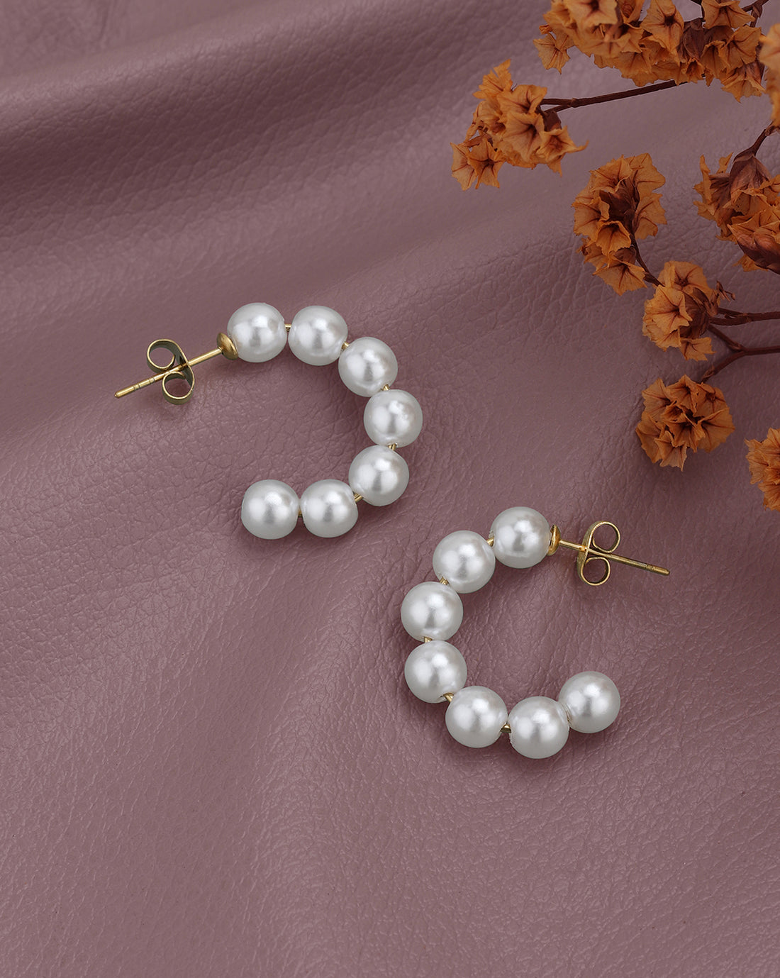 Gold Plated with Pearl Half Hoop Earring