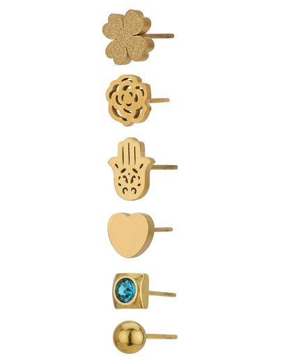 Set of 6-18kt Gold Plated Stainless Steel CZ Stud Earring Set