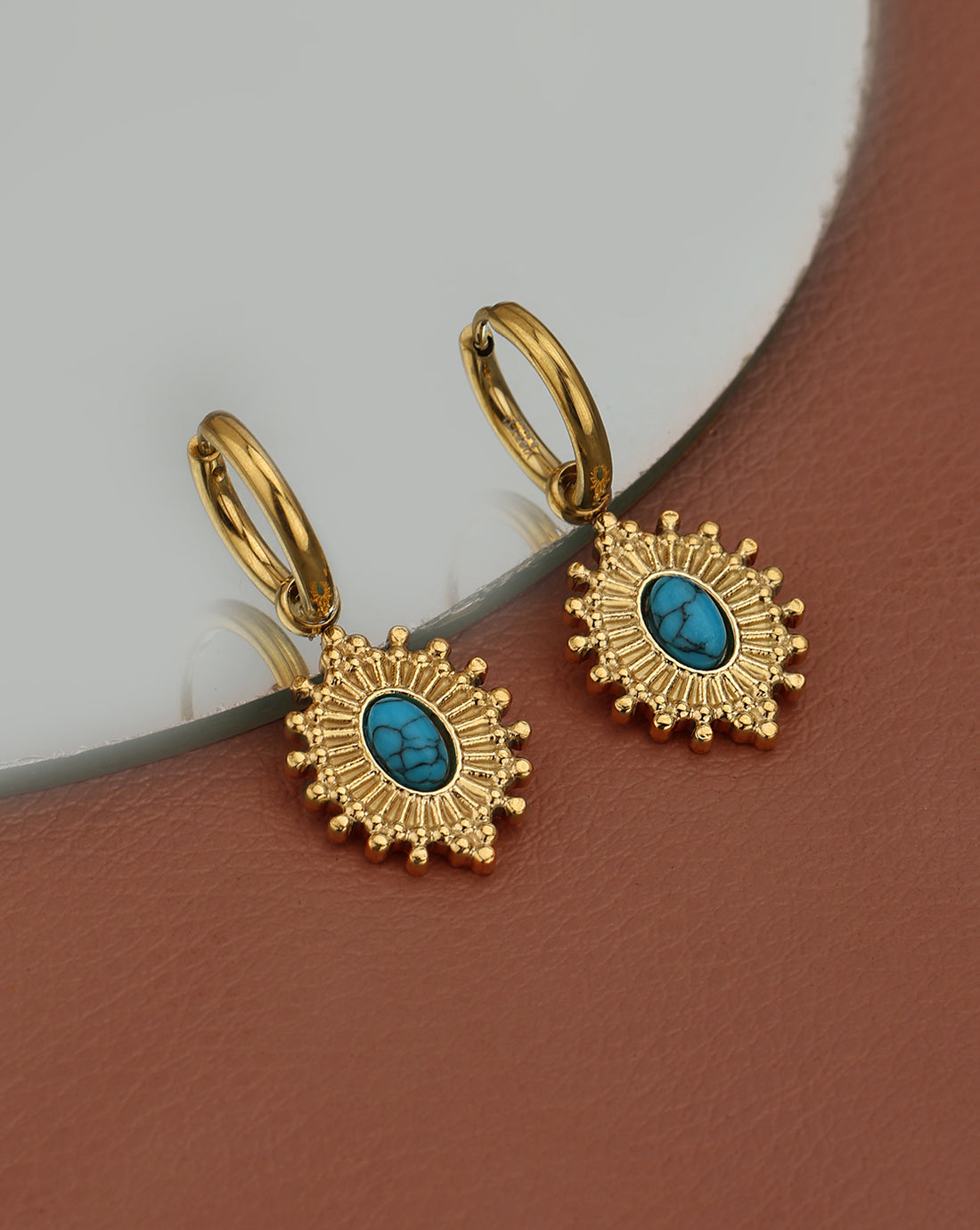 18kt Gold Plated Stainless Steel Turquoise Studded Hoop Earring