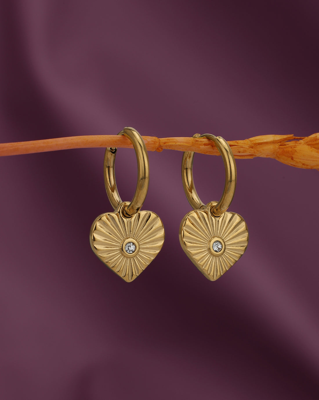 18kt Gold Plated Dangling Heart CZ Hoop Earring