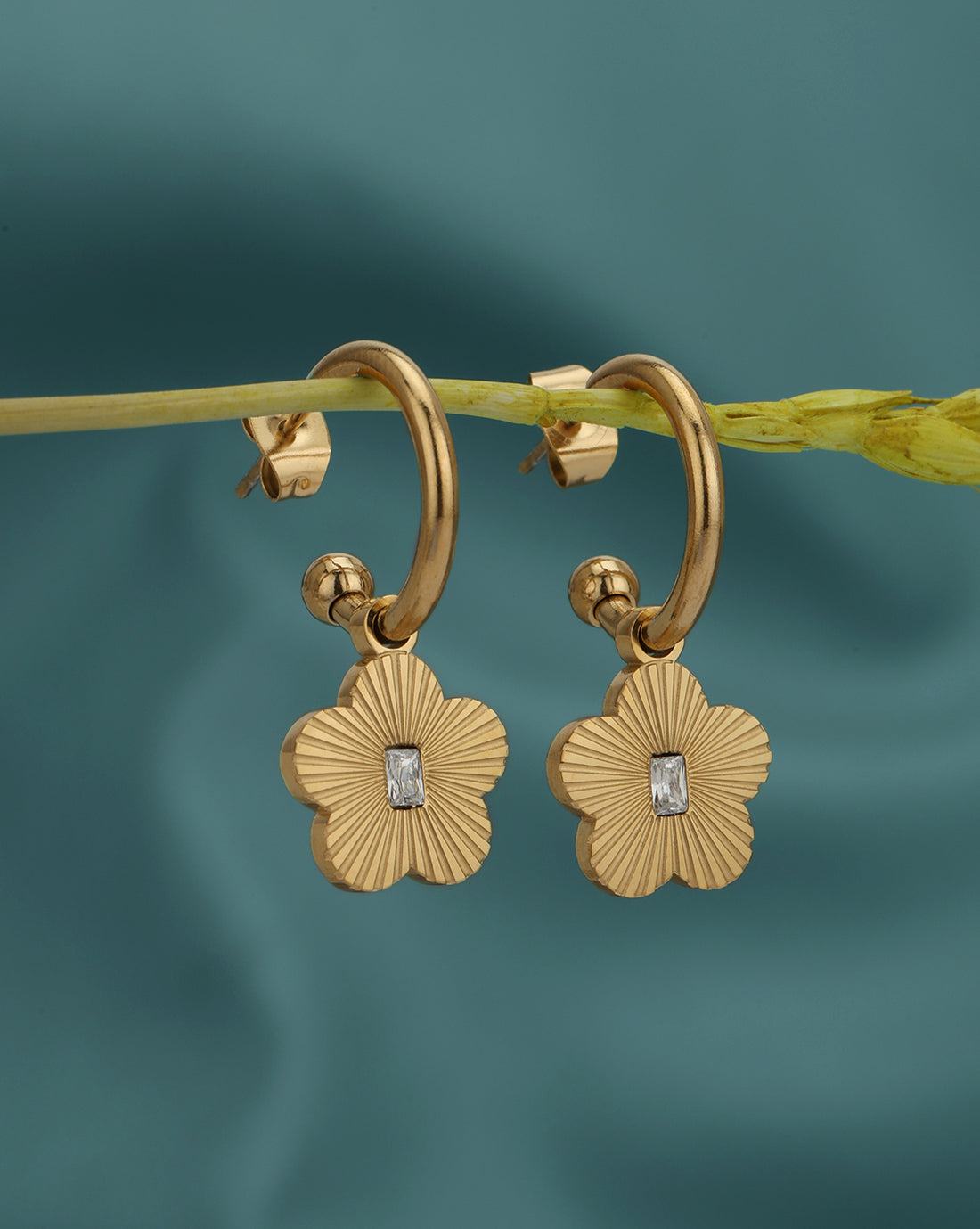 18kt Gold Plated Floral CZ Half Hoop Earring