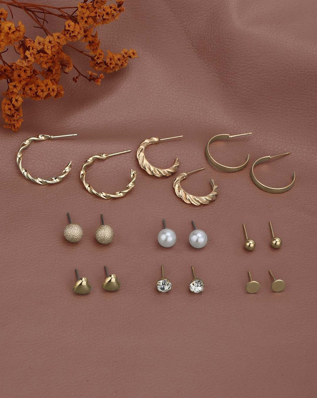Set of 9 Two Tone CZ & Pearl Multipack Half Hoop & Stud Earring Set