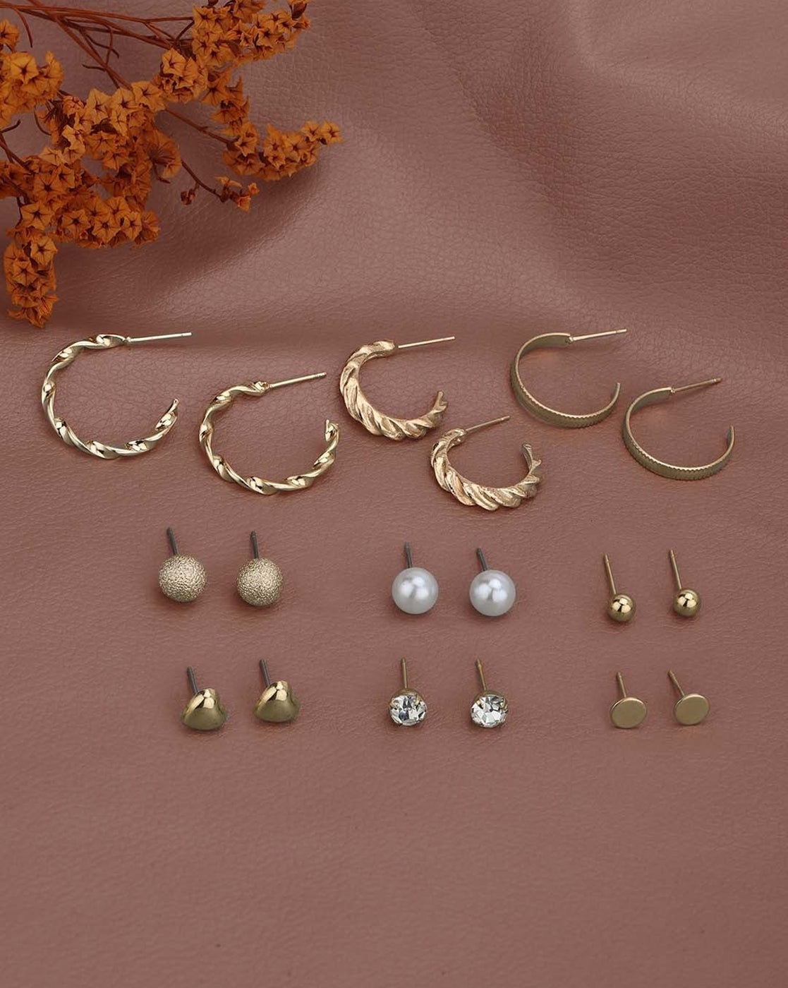Set of 9 Two Tone CZ &amp; Pearl Multipack Half Hoop &amp; Stud Earring Set