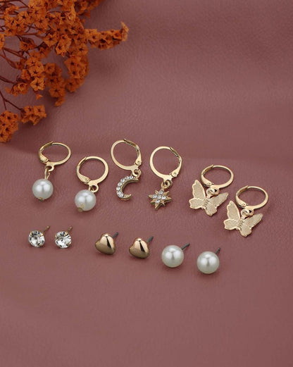 Set of 6 Two Tone CZ &amp; Pearl Stud and Hoop Multipack Earring Set