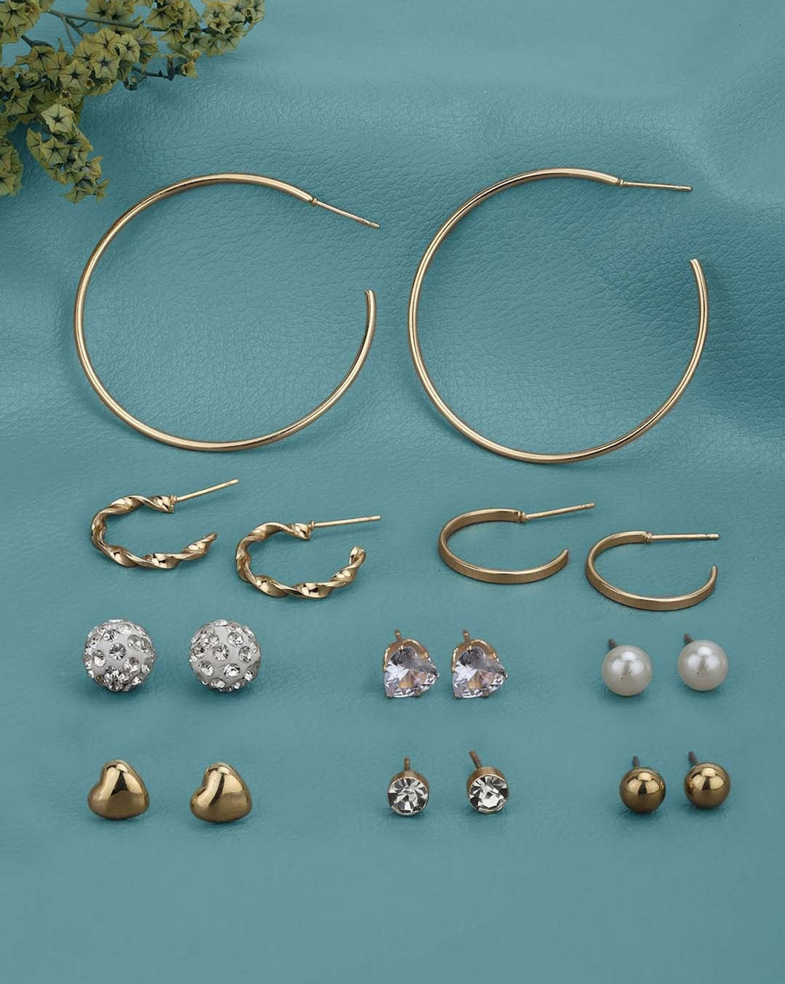 Set of 9 Two Tone CZ and Pearl Hoop &amp; Stud Multipack Earring Set