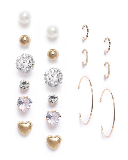Set of 9 Two Tone CZ and Pearl Hoop &amp; Stud Multipack Earring Set
