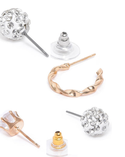 Set of 9 Two Tone CZ and Pearl Hoop &amp; Stud Multipack Earring Set