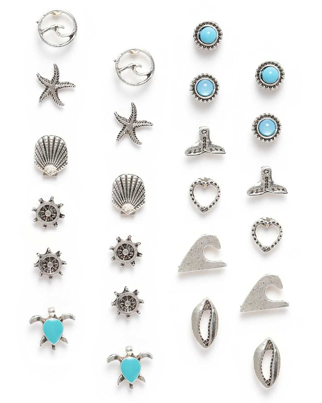 Set of 12 Silver Oxidised Beach Coastal Theme Enamel Stud Multipack Earring Set