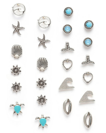Set of 12 Silver Oxidised Beach Coastal Theme Enamel Stud Multipack Earring Set