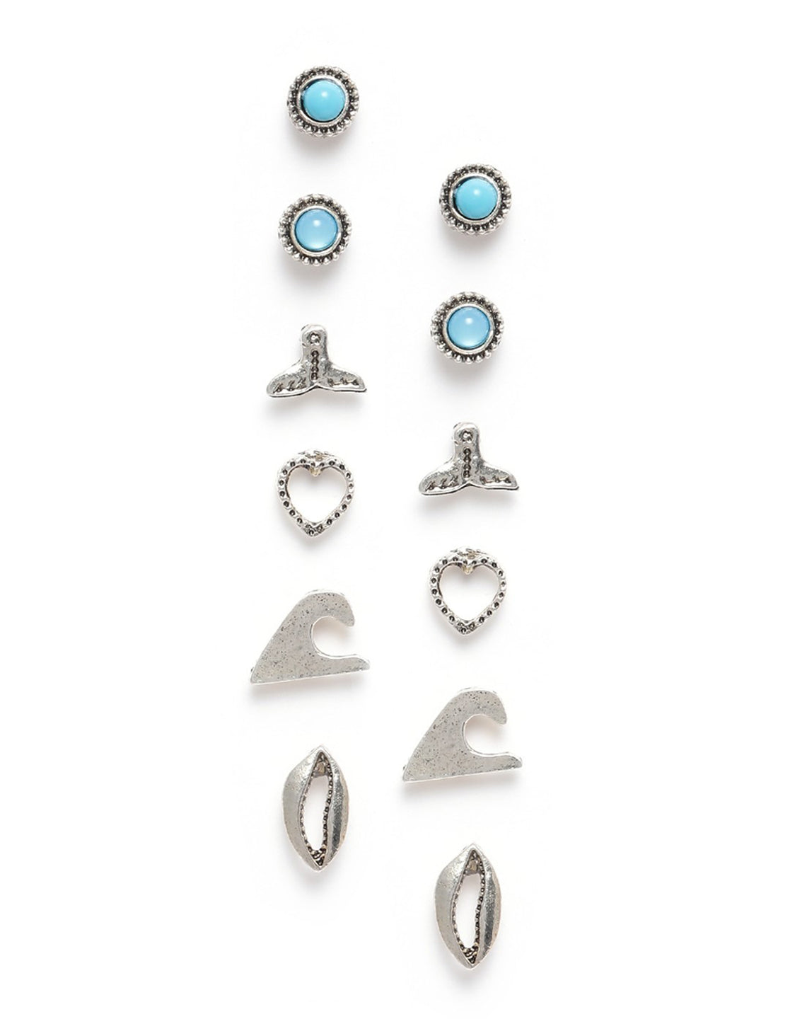 Set of 12 Silver Oxidised Beach Coastal Theme Enamel Stud Multipack Earring Set