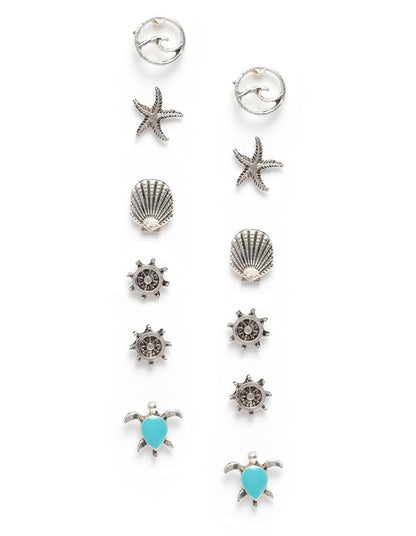 Set of 12 Silver Oxidised Beach Coastal Theme Enamel Stud Multipack Earring Set