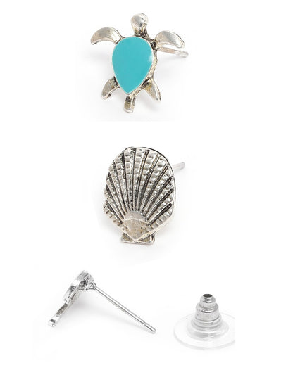 Set of 12 Silver Oxidised Beach Coastal Theme Enamel Stud Multipack Earring Set