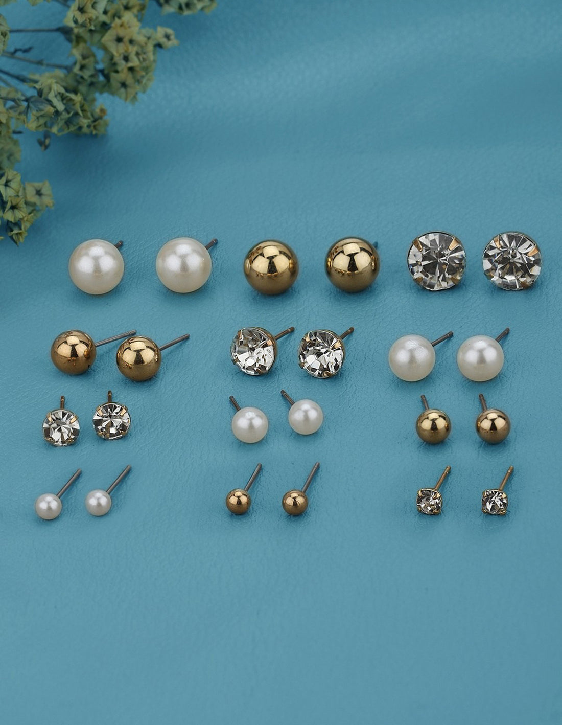 Set of 12 Two Tone Multipack CZ Pearl &amp; Ball Stud Multipack Earring Set