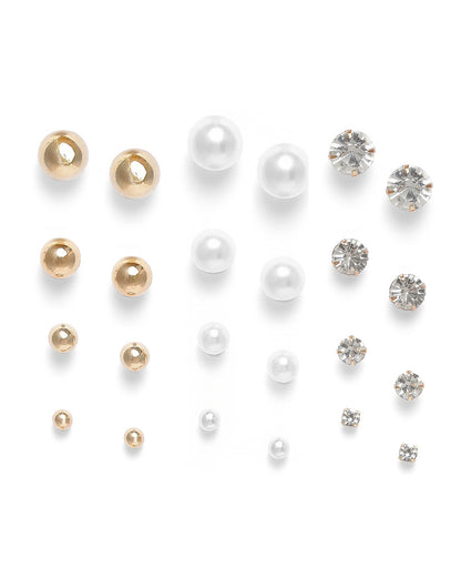 Set of 12 Two Tone Multipack CZ Pearl &amp; Ball Stud Multipack Earring Set