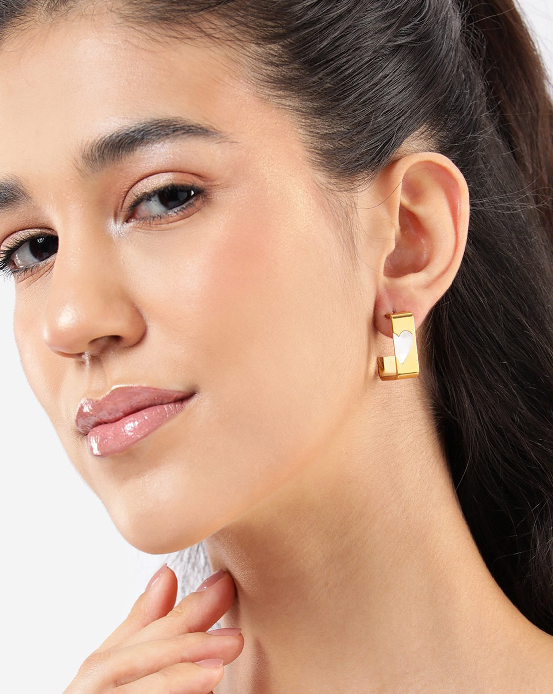 Gold Plated Half Hoop Earring with enamel Heart