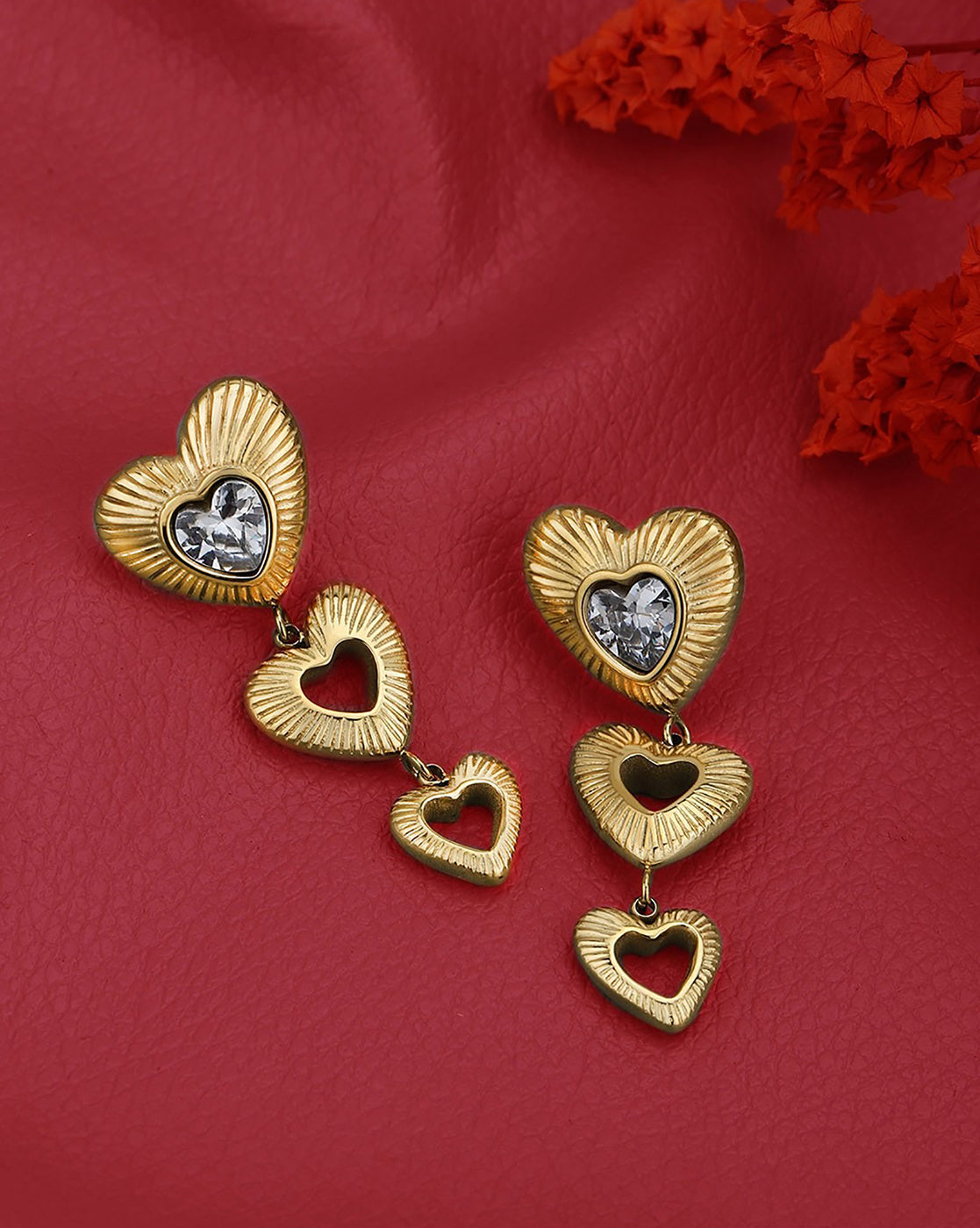 Gold Plated CZ Triple Heart Drop Earring