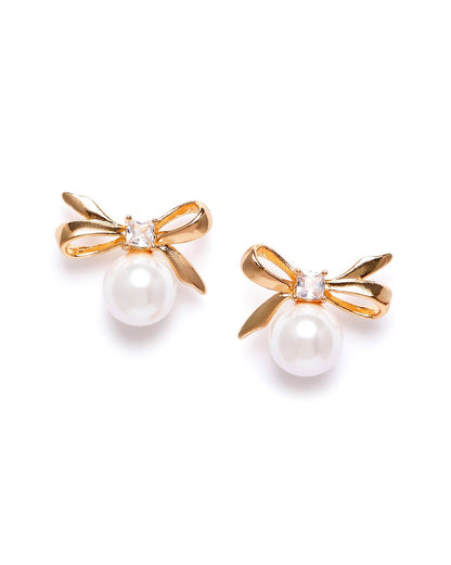 Gold Plated CZ and Pearl Butterfly Bow Bold Stud Earring