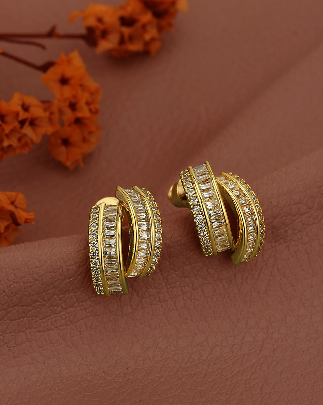 Gold Plated CZ Crescent Fancy Half Hoop Earring