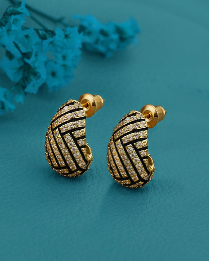 Gold Plated CZ Contemporary Half Hoop Earring