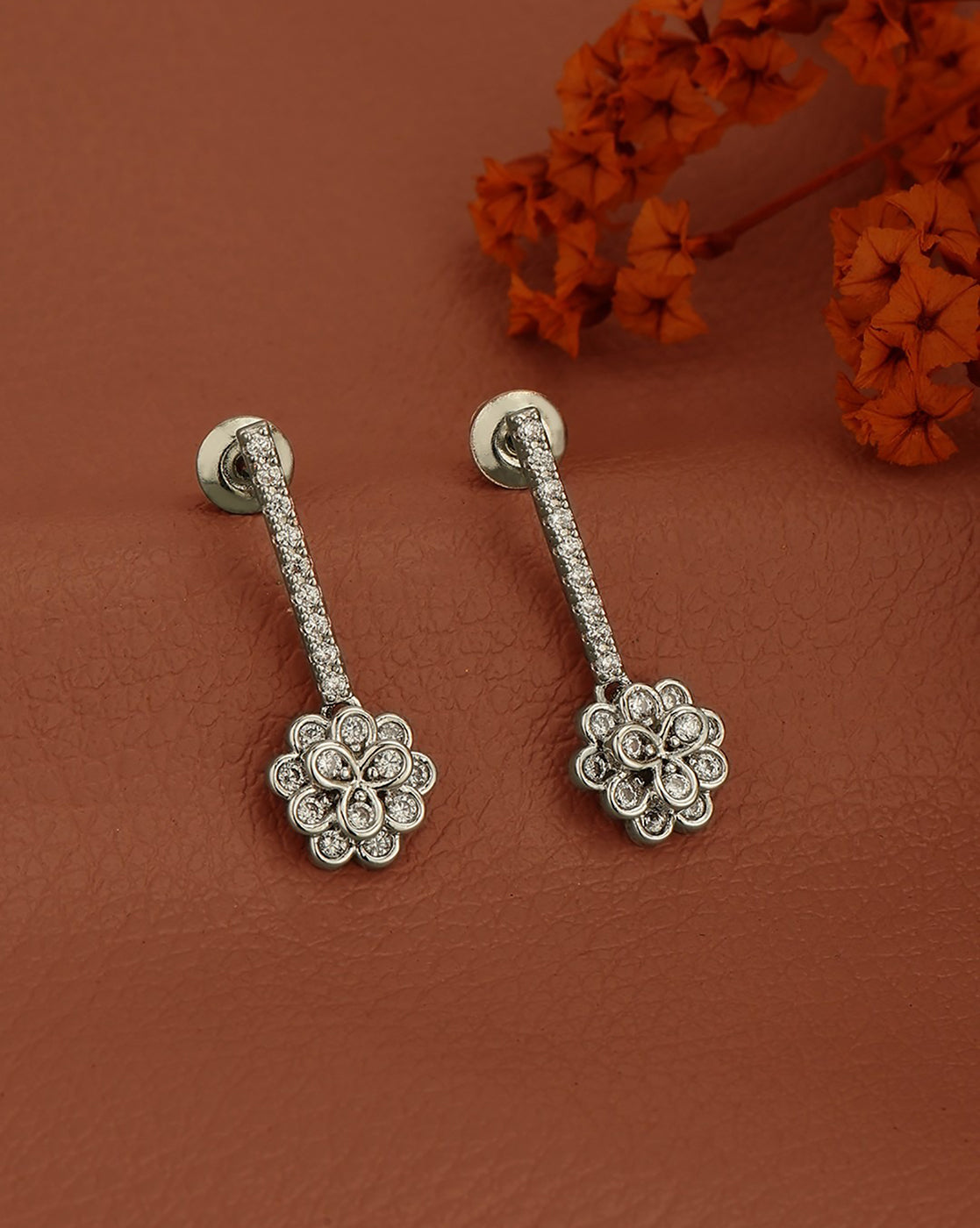 Silver Plated CZ Dangling Floral Drop Earring