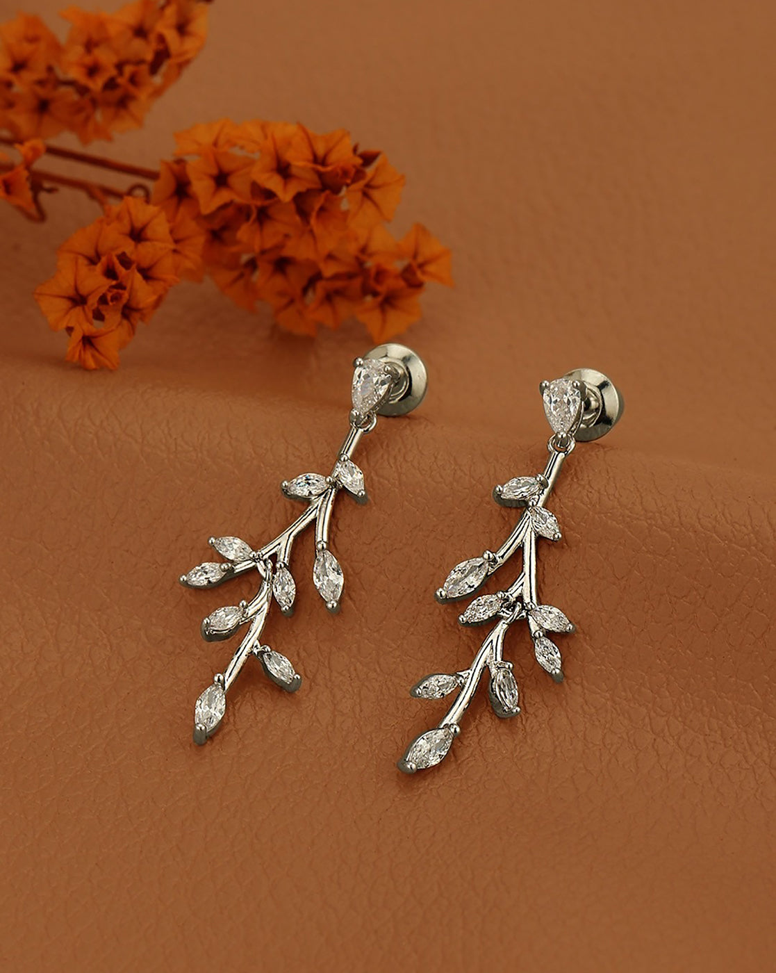 Silver Plated CZ Leaf Drop Earring