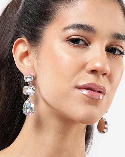 Silver Plated Crystal Dangling Tear Drop Fancy Earring