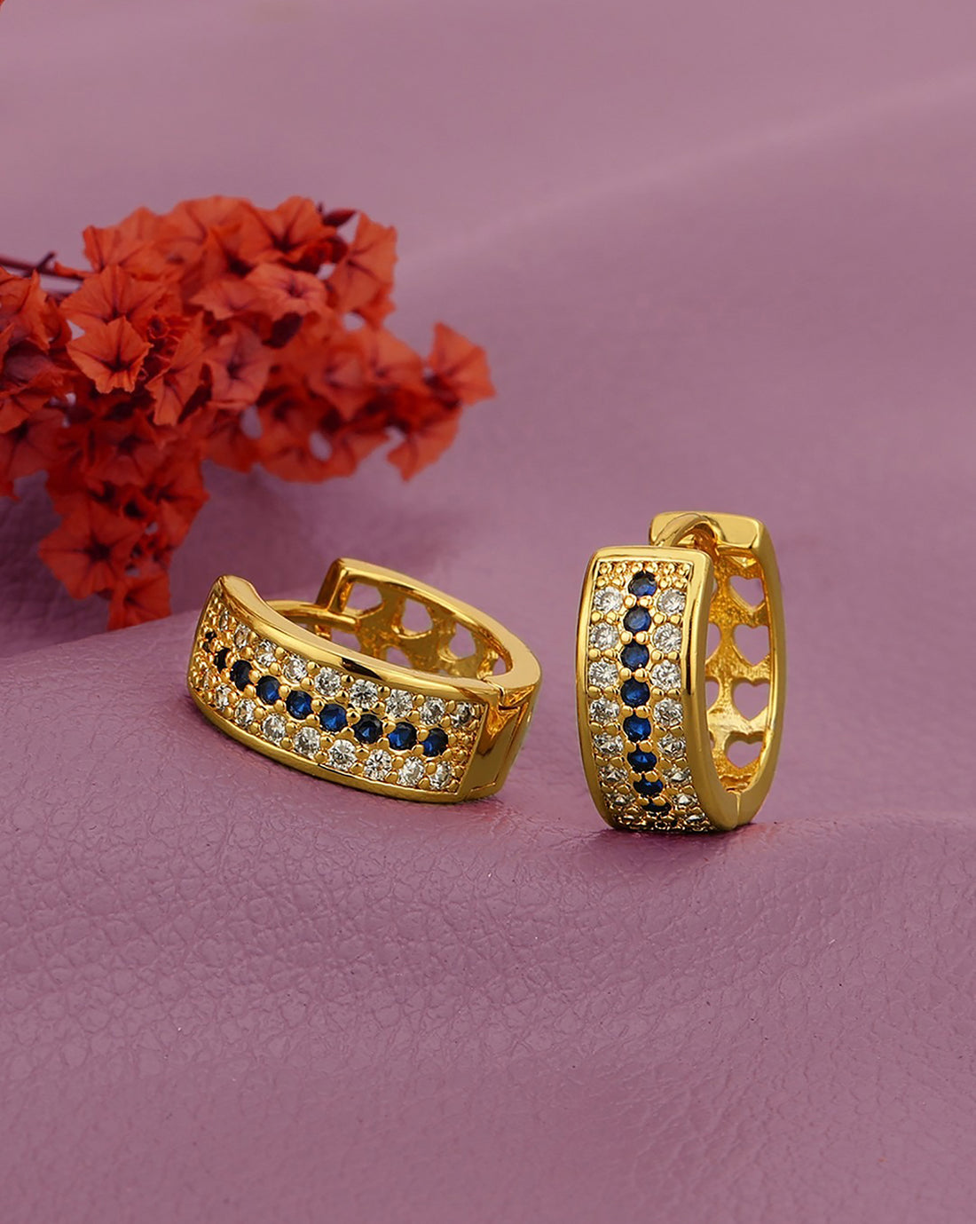 Gold Plated Blue CZ Fancy Hoop Earring