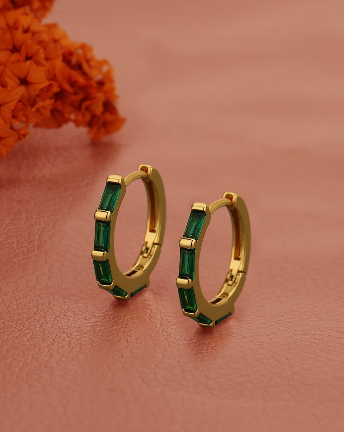 Gold Plated Green CZ Fancy Hoop Earring